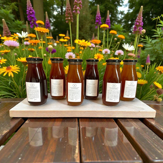 Six glass raw honey bottles with backside labels on a wooden board against a floral background