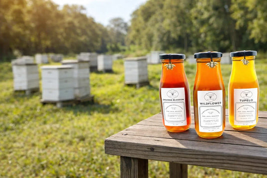 Wildflower, orange blossom, and tupelo honey glass bottles on table outdoors with green grass and bee hive boxes in background