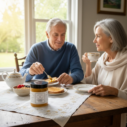 An elderly couple shares a meal at a wooden table, with a jar of 'Fragrantia & Timber' pumpkin seeds in the foreground. The man wears a blue sweater and the woman wears a cream-colored top, both smiling and interacting in a bright, natural setting.