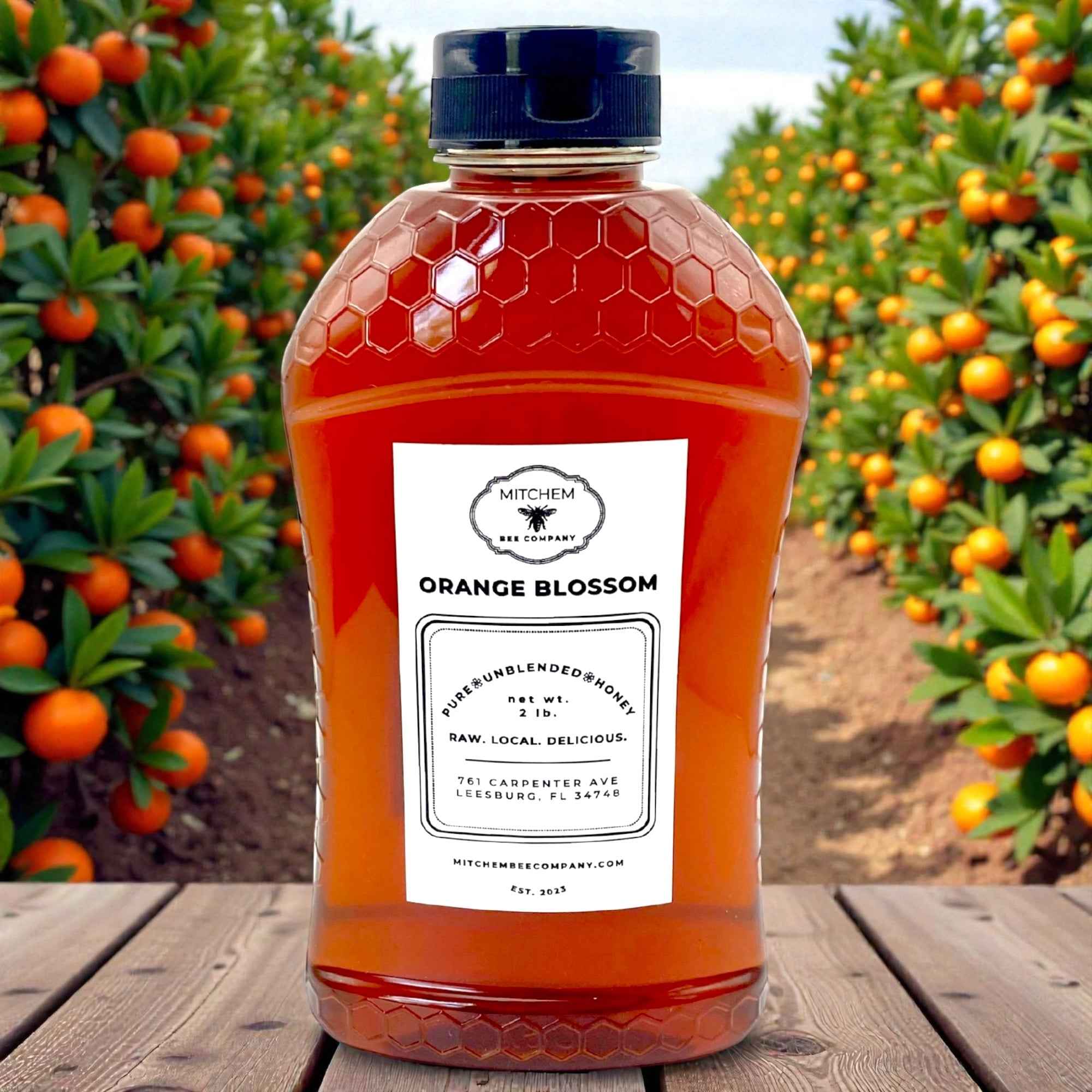 Raw Orange Blossom honey bottle from Mitchem Bee Company with authentic label (Florida-harvested, raw unfiltered honey)
