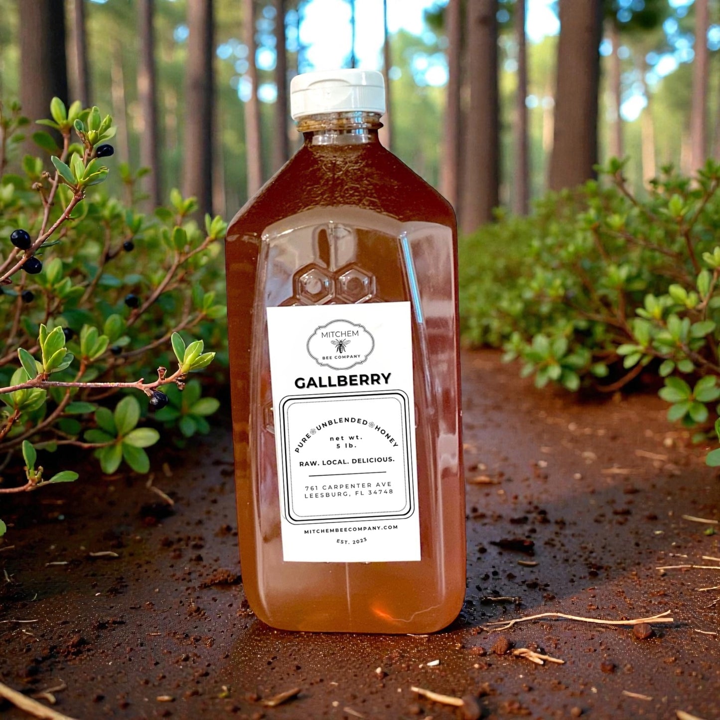 Bottle of gallberry honey with a label on a forest floor background