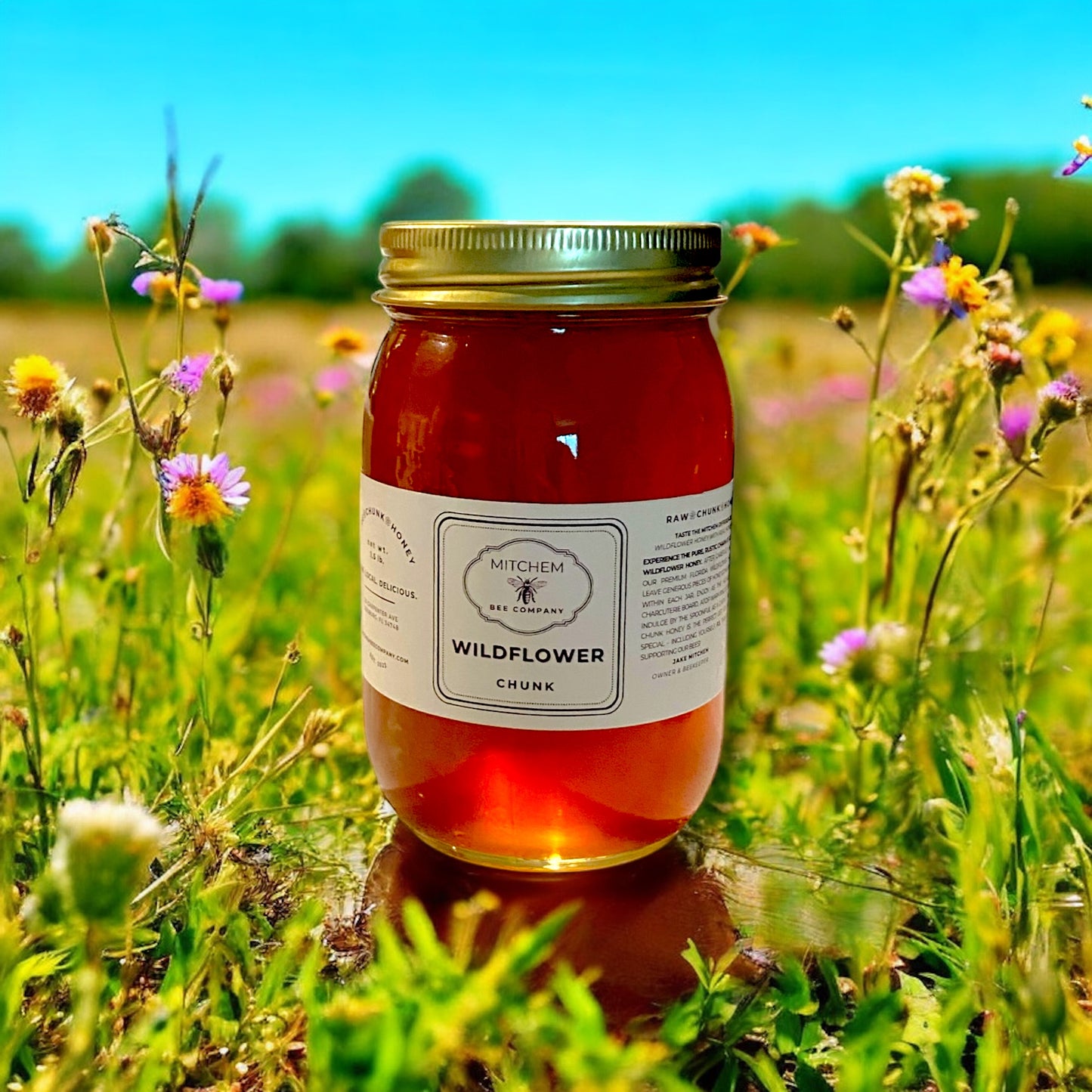 Jar of wildflower chunk honey in a field of flowers with a blue sky.